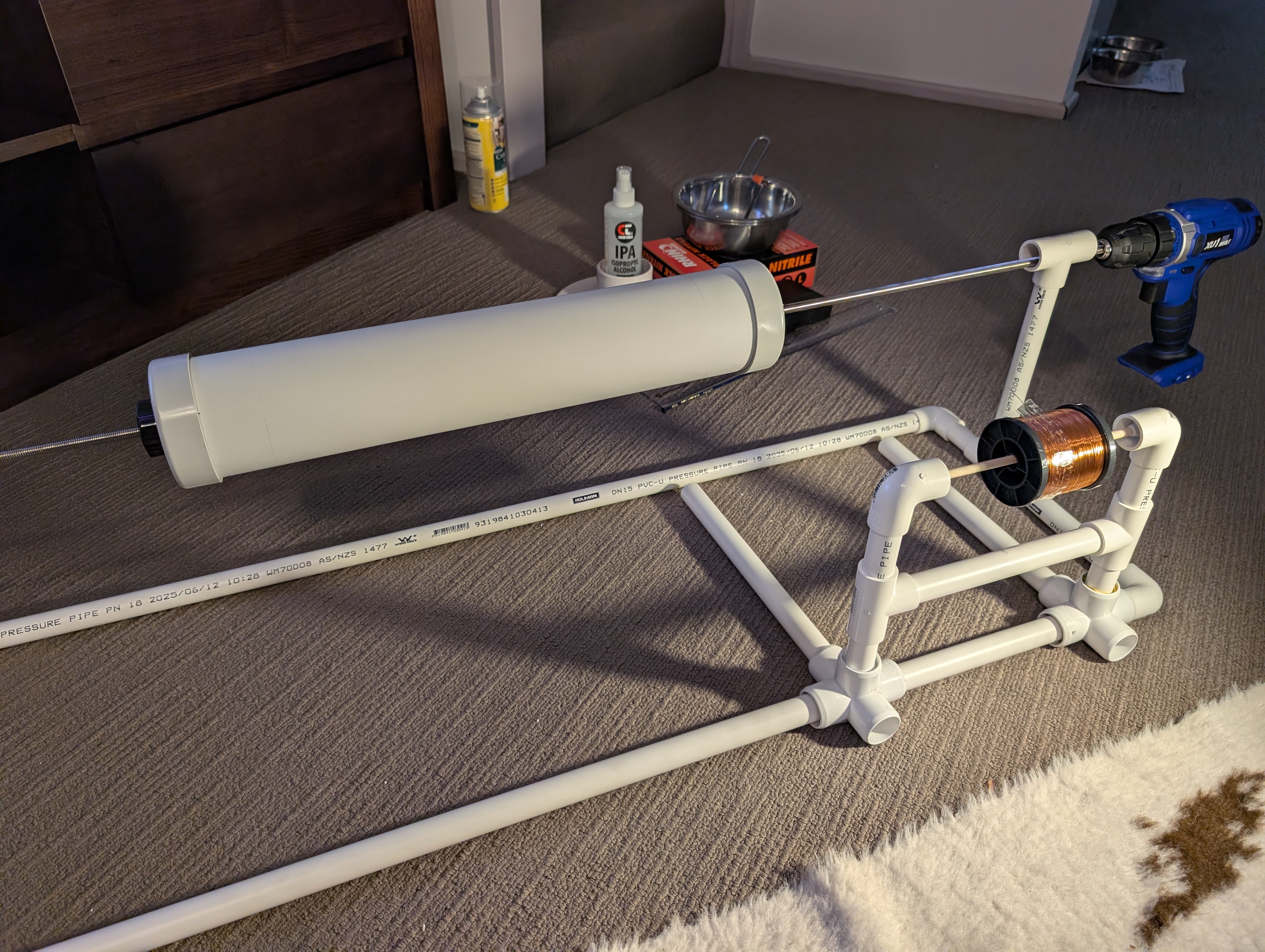 80mm PVC pipe on winding rig also made of PVC pipe